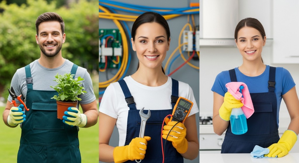 Profissionais de serviços — Jardineiro, Eletricista e Profissional de Limpeza